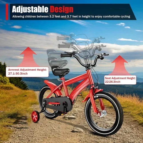 Vista 6 de Bicicleta de montaña roja de 14 pulgadas para niños, con altura ajustable, bicicleta para niños de 2 a 4 años, bicicletas para niños y niñas