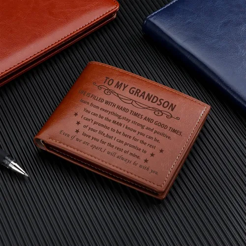 Vista 4 de YDJFCCTD Carteras de cuero grabadas para nietos y hombres, billeteras grabadas para hombre, regalos de cumpleaños para nieto, Grandson, Genial