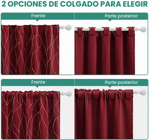 Vista 6 de HOMEIDEAS – Cortinas opacas burdeos/rojas de 52 x 63 pulgadas, 2 paneles, línea ondulada plateada con lunares impresos al reverso, cortinas