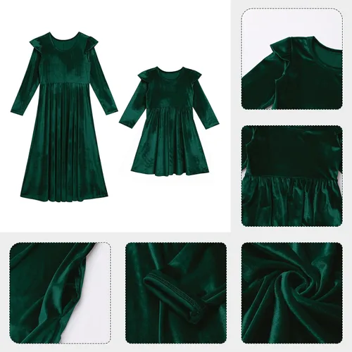 Vista 5 de Mommy and Me Vestido de Volantes de Manga Larga Casual Fiesta de Navidad Vestido de Terciopelo Madre Hija de la Familia a juego Vestido de Ropa