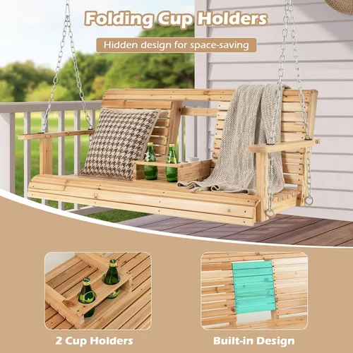 Vista 6 de Giantex Columpio colgante para porche al aire libre – Banco de columpio de madera de 2 asientos con portavasos plegable y cadenas colgantes de metal