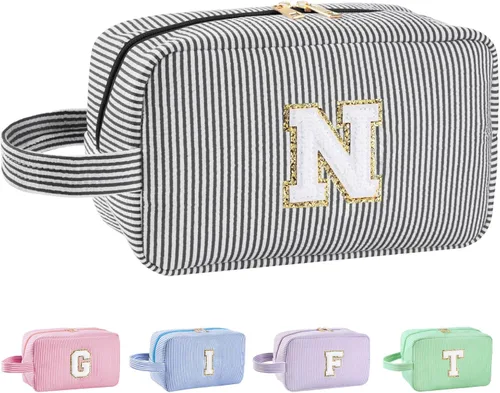 Vista 29 de Bolsa de maquillaje personalizada con inicial A-Z para mujeres, niñas y niños, bolsa de aseo de viaje, bolsa de maquillaje preparada, bolsa
