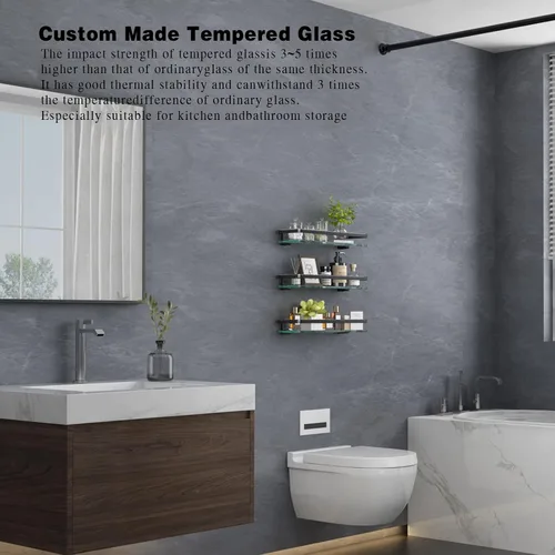 Vista 6 de VOLPONE Estante de pared de baño de 15.7 pulgadas, estantes de vidrio para baño montaje en pared, estante de vidrio a prueba de óxido, organizador