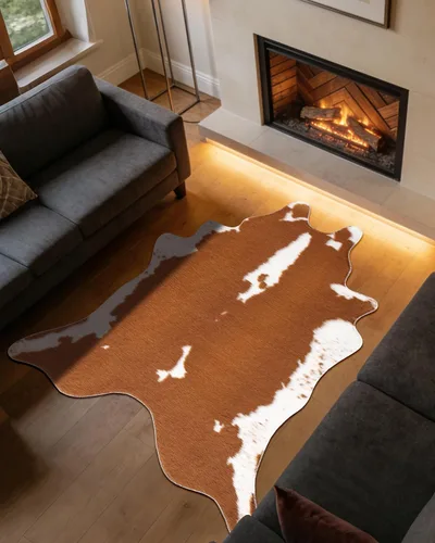 Vista 8 de Alfombra de piel de vaca sintética con estampado de vaca: 4.6 x 5.2 pies, alfombra rústica de decoración occidental para dormitorio, sala de estar