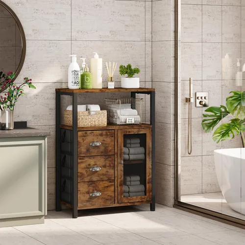 Vista 2 de Homeiju Gabinete de almacenamiento de piso de baño con 3 cajones extraíbles y 1 puerta, gabinete de almacenamiento industrial para cocina, sala