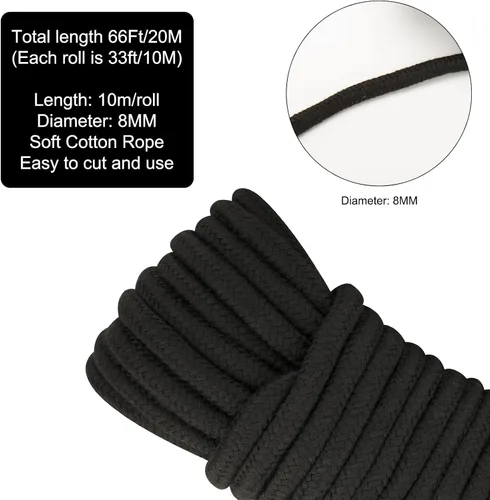 Vista 3 de 2 cuerdas de algodón suave, cuerda de 66 pies x 0.315 in de grosor, cordón de algodón negro Algodón natural multiusos para colgar ropa, atar