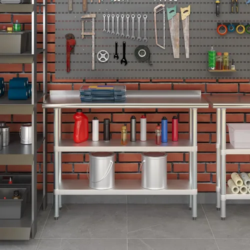 Vista 8 de AmGood Mesa de trabajo de acero inoxidable con protector contra salpicaduras de 1.5 pulgadas y 2 estantes Mesa de cocina de metal para preparación