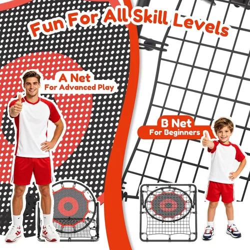 Vista 4 de Dual-Sided Adjustable Baseball Rebound Net for Multi-Sport,Includes 2 Balls Rojo
