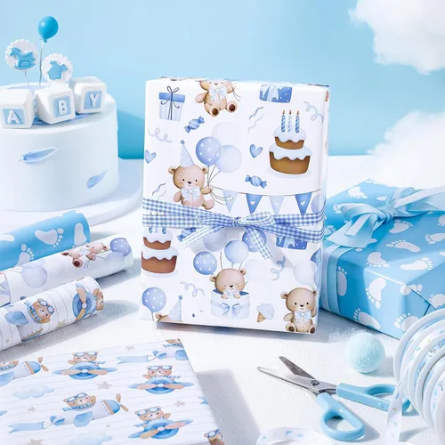 Vista 5 de WRAPAHOLIC Papel de regalo de oso para baby shower, mini rollo, 3 rollos, 17 x 120 pulgadas, diseño de oso de aventura en avión y fiesta para baby