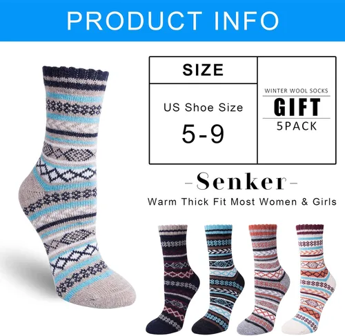 Vista 7 de 5 Pack Womens Wool Socks Winter Warm Socks Thick Knit Cabin Cozy Crew Soft Socks Gifts for Women