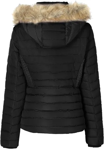 Vista 2 de Chaqueta de plumón con cinturón y capucha con adorno de piel sintética para mujer negro 5