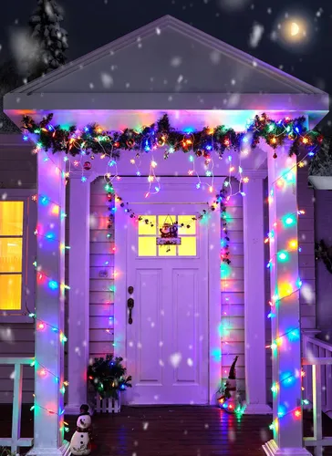 Vista 4 de Brightown Luces de Cadena de Copos de Nieve para Exteriores, 50 LED 26 Pies Luces de Navidad Multicolor con Funcionamiento a Batería, 8 Modos