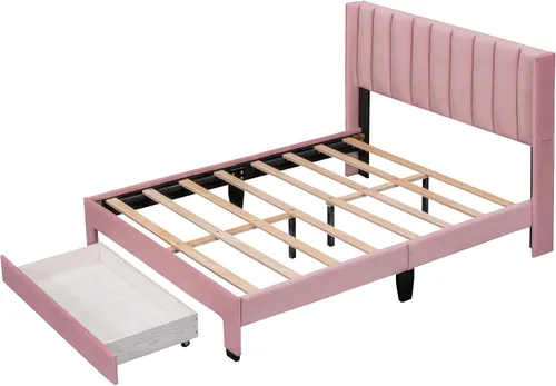 Vista 4 de Merax Moderna cama tapizada con cabecera con respaldo de alas, base de cama con soporte de listones de madera/fácil montaje, tamaño matrimonial