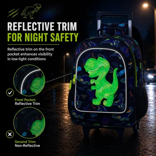 Vista 4 de WZLVO 4 mochilas con ruedas de dinosaurio para niños, juego escolar con ruedas geniales con lonchera, mochila escolar resistente al agua con ruedas