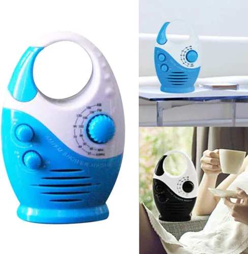 Vista 5 de Radio de ducha impermeable, radio AM/FM a prueba de salpicaduras con mango superior para uso en baño al aire libre - Altavoz integrado y volumen