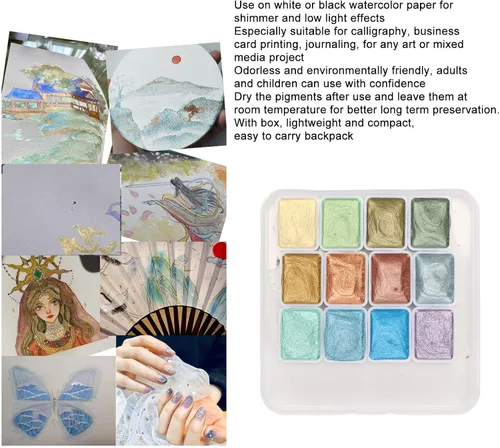 Vista 5 de Juego de pintura de acuarela de 12 colores, pintura metálica con purpurina para colorear al agua, acuarela nacarada, pigmento sólido