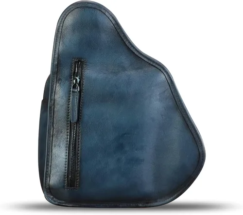 Vista 7 de Bolso bandolera de cuero genuino para hombres y mujeres, bolso cruzado, mochila vintage para senderismo, deportes, viajes, Azul, Mochilas Sling