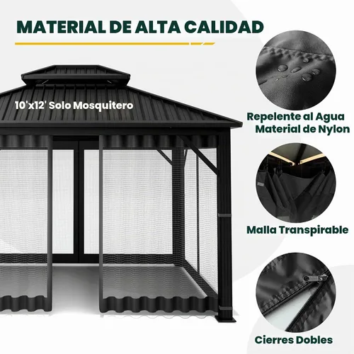 Vista 5 de OLILAWN Mosquitera Universal de Repuesto para Gazebo, 10' x 12' Malla de Red para Toldo Exterior Cortina de Pared Lateral de 4 Paneles