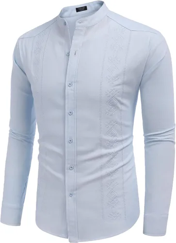 Vista 4 de COOFANDY Camisas casuales de lino para hombre, camisa de playa de manga larga con botones