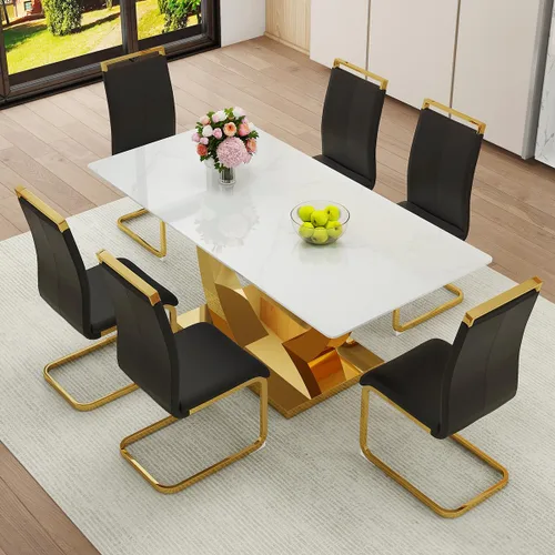 Vista 24 de Juego de Mesa de Comedor Negra para 6, Mesa de Comedor de Mármol Falso de 71" para 6, Juego de Mesa de Cocina Rectangular con Sillas de Cuero PU