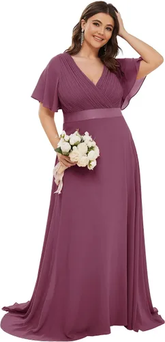 Vista 39 de Ever-Pretty Vestidos formales de noche de gasa para mujer con cuello en V de talla grande para mujeres con curvas, vestido de dama de honor de largo