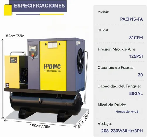 Vista 2 de compresor rotatorio 208-230V 3Ph 81CFM 125psi del tornillo de 15KW