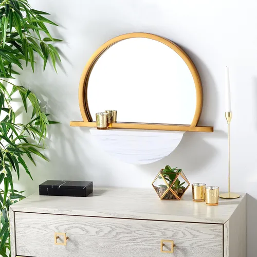 Vista 2 de Safavieh Home Collection Sarada - Espejo de pared decorativo con estante semicírculo dorado y blanco