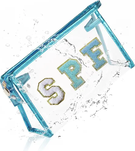 Vista 16 de COSHAYSOO Bolsa de Maquillaje Transparente con Protección Solar, Bolsa de Protector Solar con Parches de Letras, Accesorios Esenciales de Playa