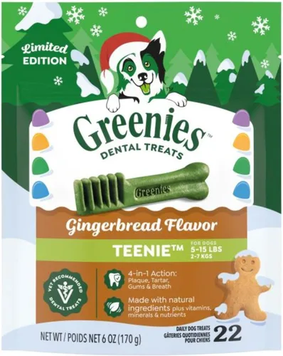 Vista 13 de Greenies Golosinas dentales naturales para perros adultos recomendadas por veterinarios, tamaño Teenie, sabor a arándano azul, paquete de 12 oz., 43