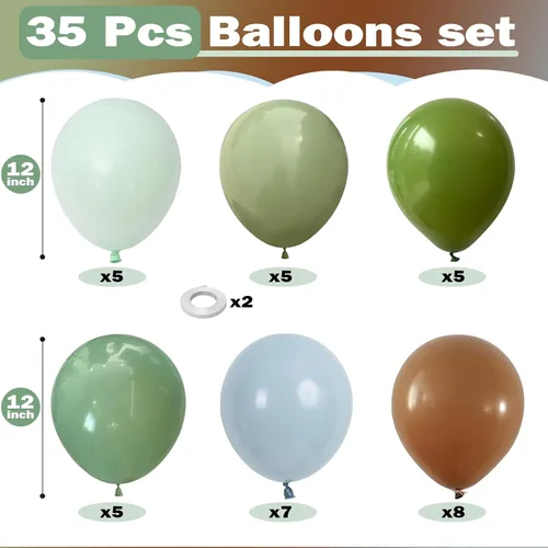 Vista 2 de Globos azules, verdes y marrones, globo verde pastel salvia de 12 pulgadas, globo azul polvoriento para bosque de dinosaurios, cumpleaños temático