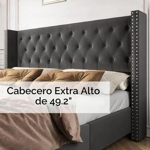 Vista 3 de PaPaJet Marco de cama de terciopelo Queen con cabecera de ala de 49.2 Gris