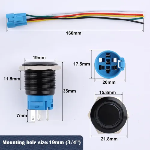 Vista 2 de 2 interruptores de botón de bloqueo de 0.748 in de 12 V-24 V, anillo de CC LED 1NO 1NC impermeable botón de metal negro encendido apagado