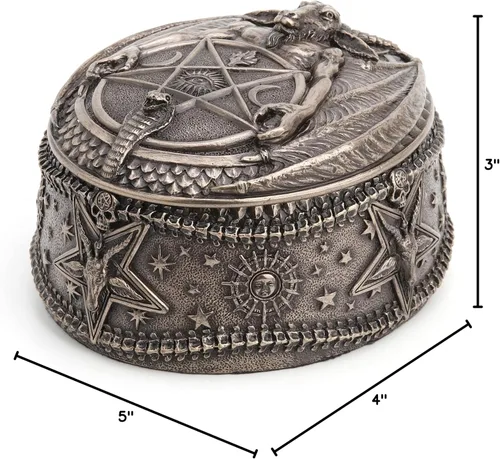 Vista 9 de Veronese Design Wiccan Pentagram Baphomet Oval en forma de caja de baratija Escultura de resina Acabado de bronce