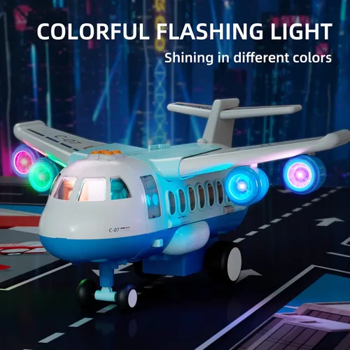 Vista 4 de Avión de carga de transporte, juego de juguetes de avión temáticos grandes, juego de vehículos de juguete educativo con sonido y luz de humo, avión