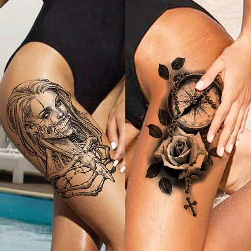 Vista 3 de 49 hojas de tatuajes temporales tribales negros para mujeres, hombres, adultos, brazo, cuerpo, de larga duración, lobo maorí, tigre, león, guerrero