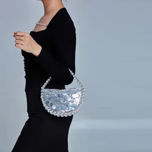 Vista 5 de Uhawi Bolso de mano con diamantes de imitación para mujer, bolso de noche con purpurina brillante, hecho a mano, fiesta, boda, plateado