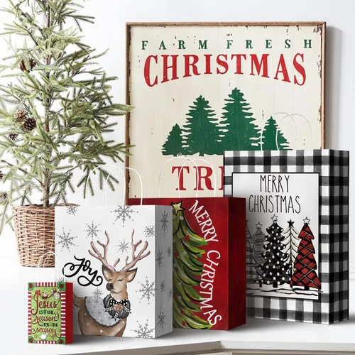 Vista 4 de Horaldaily 24 bolsas de papel de regalo de Navidad a granel con asas para envolver regalos de Navidad (6 jumbo, 6 grandes, 6 medianas, 6 pequeñas)
