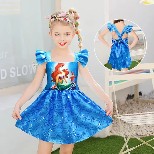 Vista 3 de QASALOP Little Girls Mermaid Princess Dress Toddler Cartoon Dresses Square Neck Ruffles Sleeve Costume Dress Up for 3-8 Years