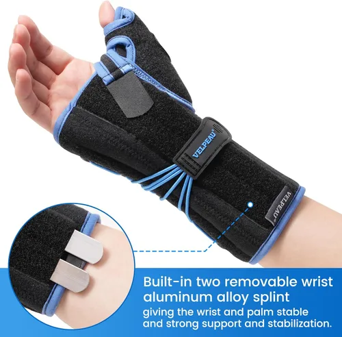 Vista 2 de Muñequera Velpeau para túnel carpiano con estabilizador de pulgar y soporte nocturno, estabiliza la articulación del pulgar de la muñeca, alivio