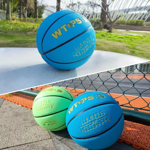 Vista 4 de Balón de baloncesto que brilla en la oscuridad azul, balón de baloncesto luminoso y genial con bomba y bolsa, para interiores y exteriores, de cuero