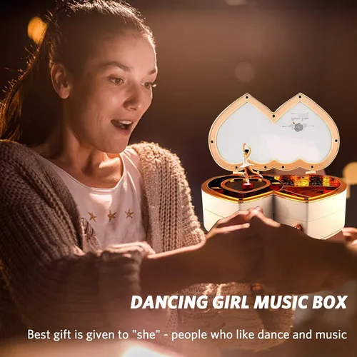 Vista 3 de Herchr - Caja de música musical con doble corazón para niñas (blanco)