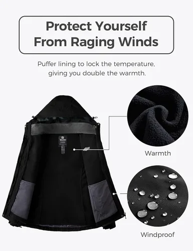 Vista 4 de Wantdo Chaqueta de esquí 3 en 1 para mujer, impermeable, con aislamiento, forro polar