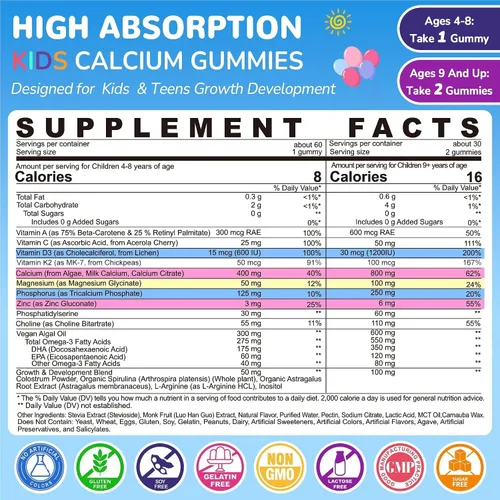Vista 2 de Gomitas de calcio + D3 K2, magnesio, Omega-3 DHA para el crecimiento