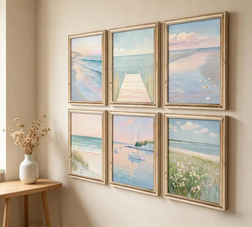 Vista 5 de DULASI Juego de 6 lienzos de paisaje costero de playa, impresiones en lienzo de océano rosa y azul, cuadros abstractos de paisaje marino de verano