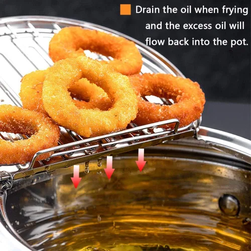 Vista 3 de Olla para freír con cesta de bandeja de gota de aceite y termómetro de aceite Tempura de estilo japonés, mini freidoras pequeñas, para el hogar.
