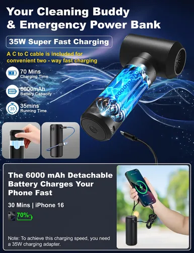 Vista 3 de Aspiradora de Aire Plumero 78000RPM Portátil para Coche Aspiradora Inalámbrica 4 en 1 Soplador de Aire y Bomba, Batería Removible de 6000mAh