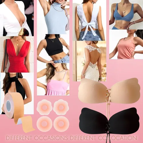 Vista 2 de Rodnsurw Brasier adhesivo invisible sin tirantes para mujer, sujetadores adhesivos con realce y espalda descubierta con pezón y cinta adhesiva