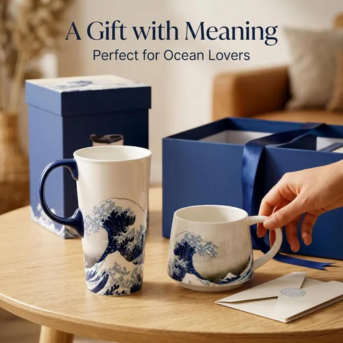 Vista 8 de Taza de cerámica de viaje de Voltugar con tapa y asa para el hogar y la oficina, taza de té alta de porcelana con diseño de olas y caja