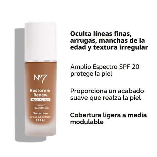Vista 4 de No7 Restore & Renew Base de Suero de Acción Múltiple - Porcelana - Base Líquida de Maquillaje con Vitamina C, Vitamina E y Colágeno para el Rostro