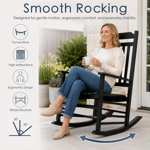 Vista 3 de Kozyard Mecedora de madera, silla mecedora de madera maciza para exteriores con respaldo alto y asiento de listones, mecedora ergonómica